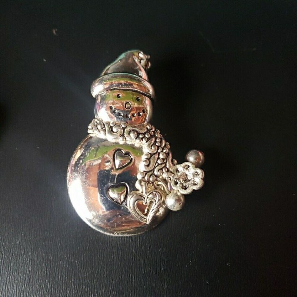 Chunky Snowman Brooch Christmas Holiday Dangle Charms Silver Tone 2.5 inch